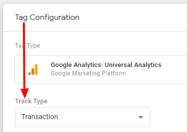 Google Analytics tag with track type set to Transaction
