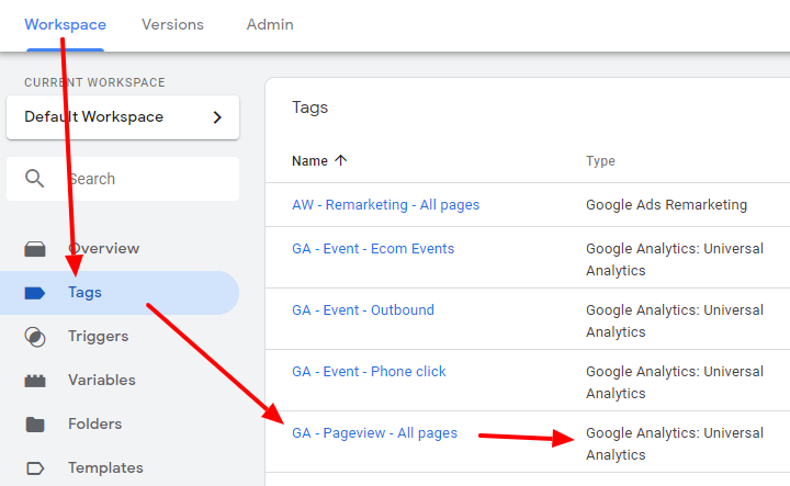 Checking the tag type of your Google Analytics Pageview tag