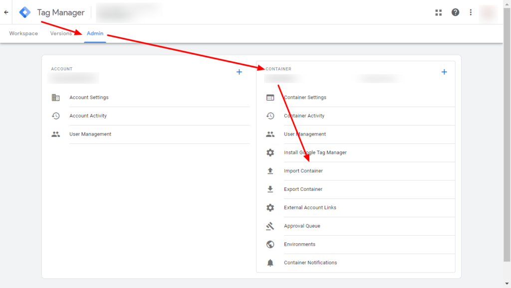 Import Container element in Google Tag Manager admin
