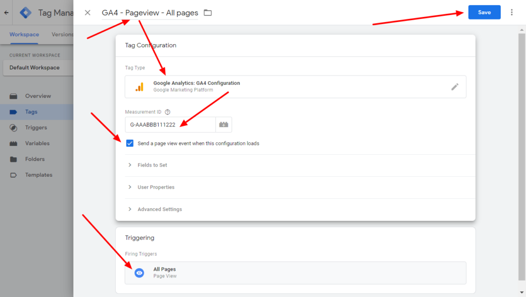 Google Tag Manager for WordPress: add Google Analytics 4 configoration tag settings
