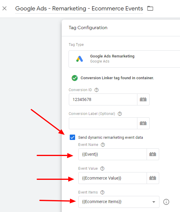 Create a new Google Ads remarketing tag to capture ecommerce data.