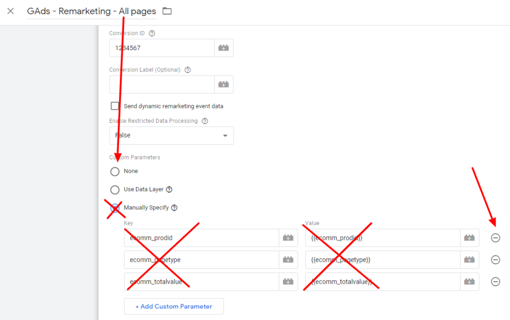 Remove old dynamic remarketing parameters from your existing Google Ads remarketing tag.