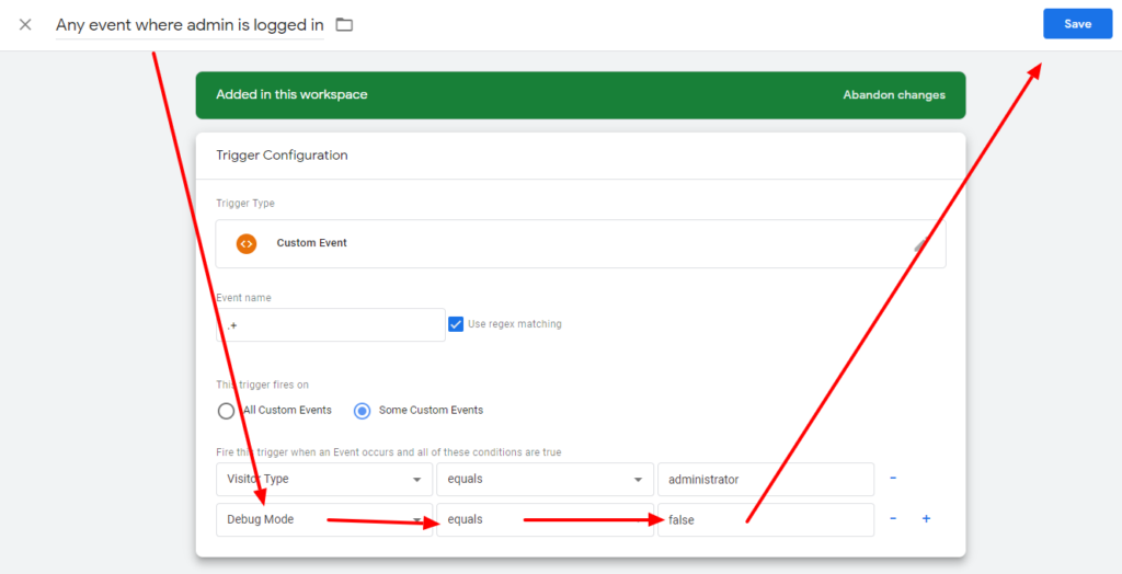 Create trigger to exclude only admins but not while debugging your Google Tag Manager container
